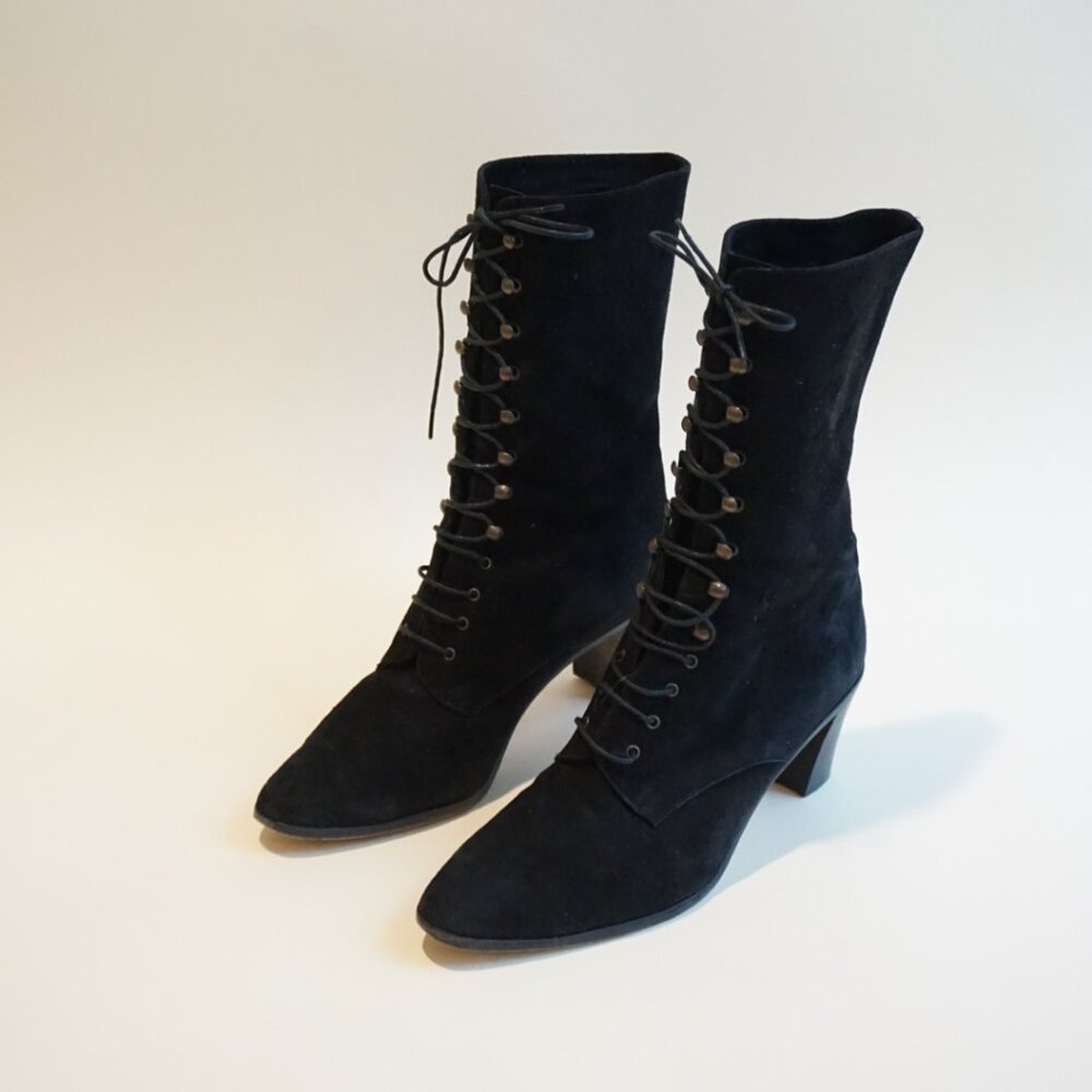 Sesto Meucci Black Suede Leather Victorian Style Lace Up Boots - Size 7